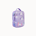 A light purple insulated lunch bag with a top handle, featuring a repeating pattern of white unicorns with pink, purple, and blue details, set against a plain off-white background.