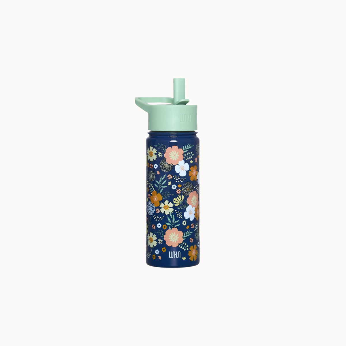 A reusable water bottle with a dark navy blue body decorated with a colorful floral pattern, featuring a mint green lid and straw on a light off-white background.