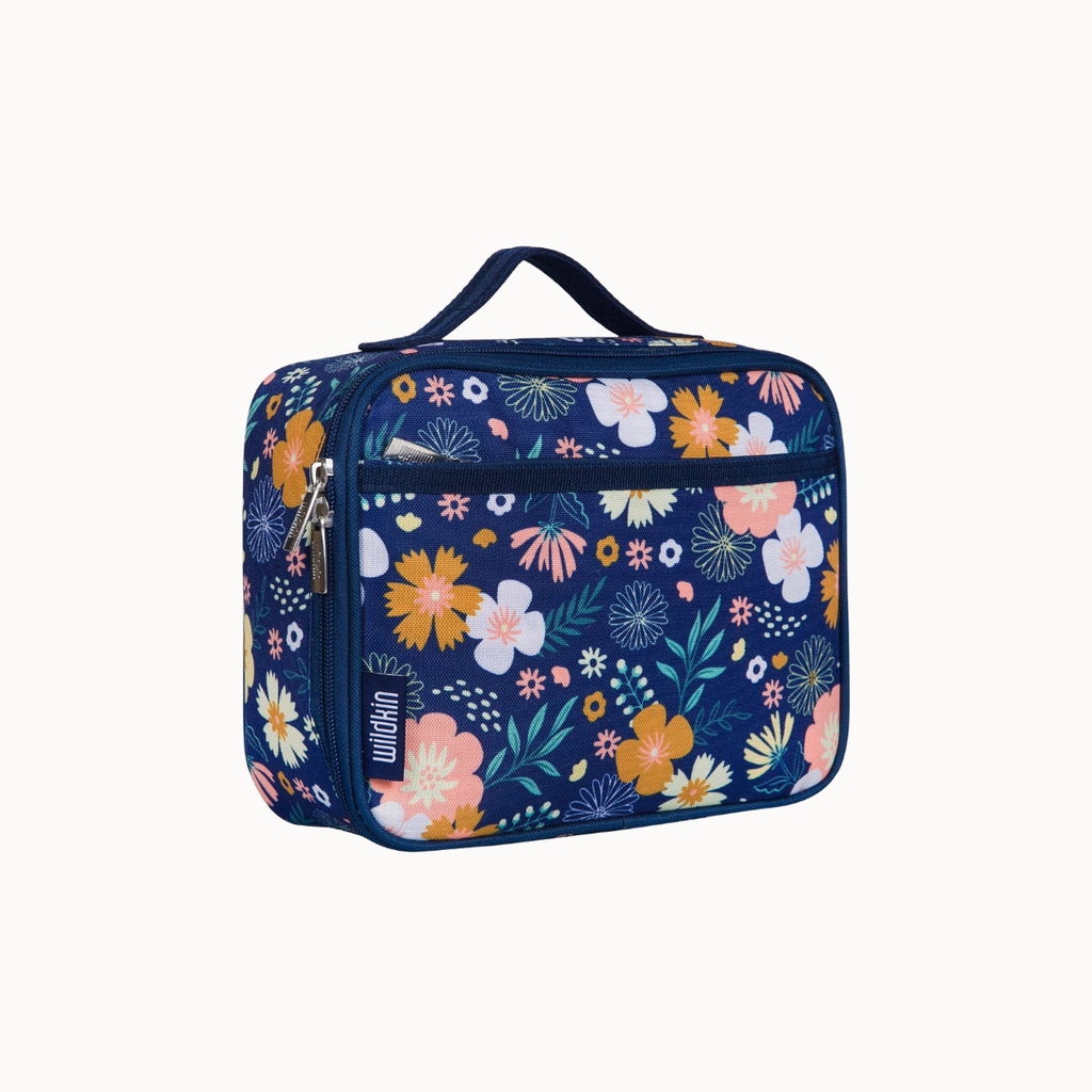 A navy blue lunch bag with a colorful floral pattern, featuring a top handle, front zippered pocket, and a vertical white 'wallym' brand tag on the lower left side.