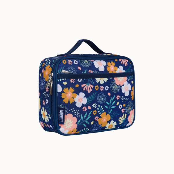 A navy blue lunch bag with a colorful floral pattern, featuring a top handle, front zippered pocket, and a vertical white 'wallym' brand tag on the lower left side.
