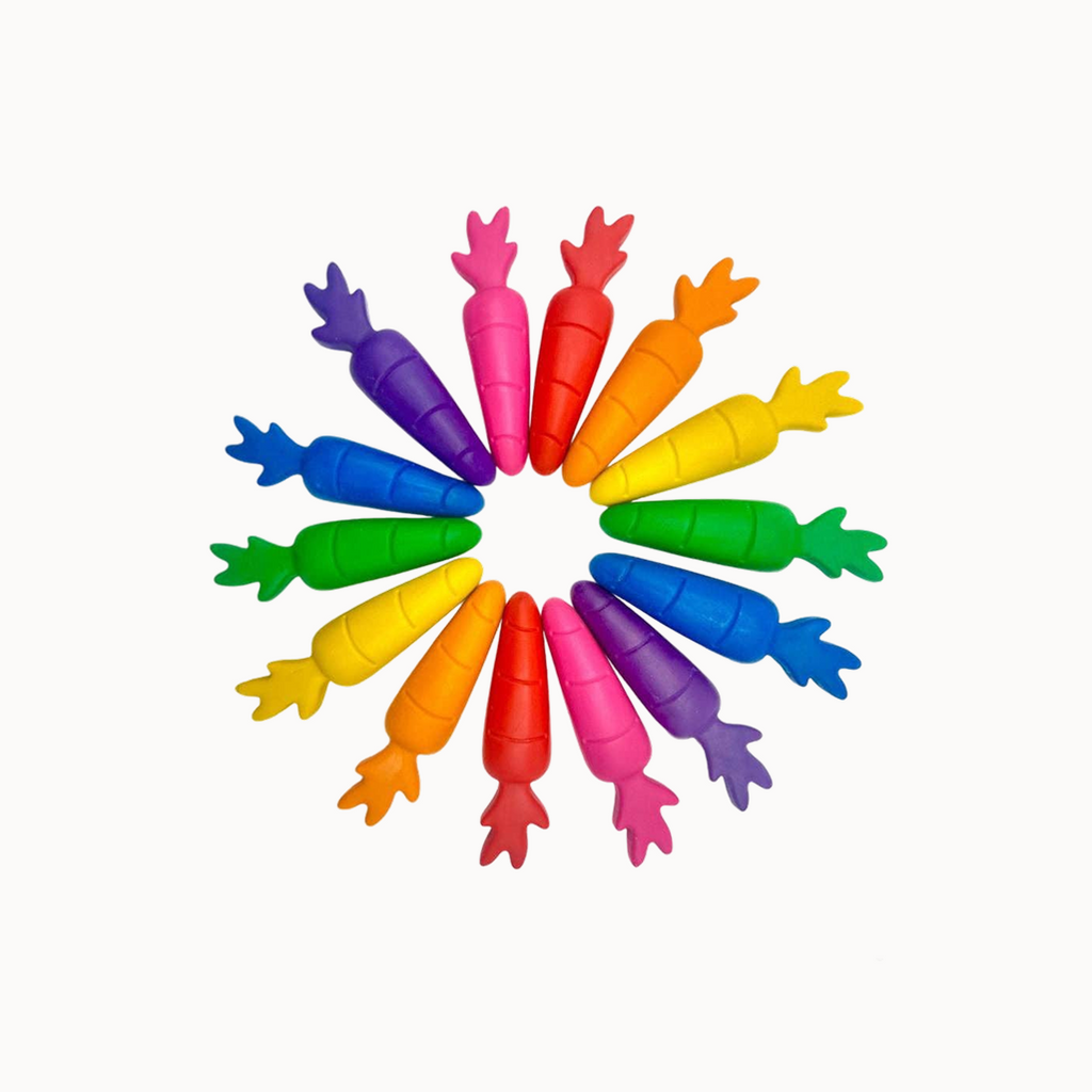 Colorful carrot-shaped toys arranged in a circular pattern on a white background