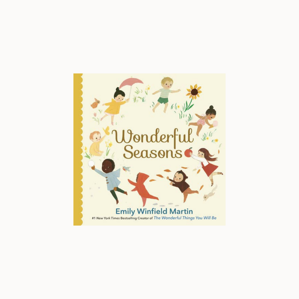 Book cover of 'Wonderful Seasons' by Emily Winfield Martin with illustrations of children playing outdoors.