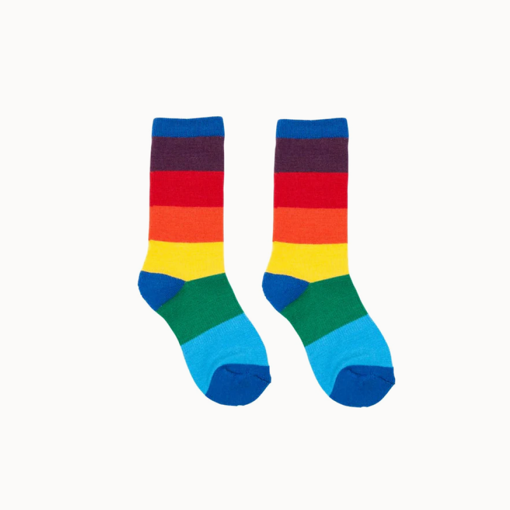 Colorful striped socks with red, orange, yellow, green, and blue on a white background