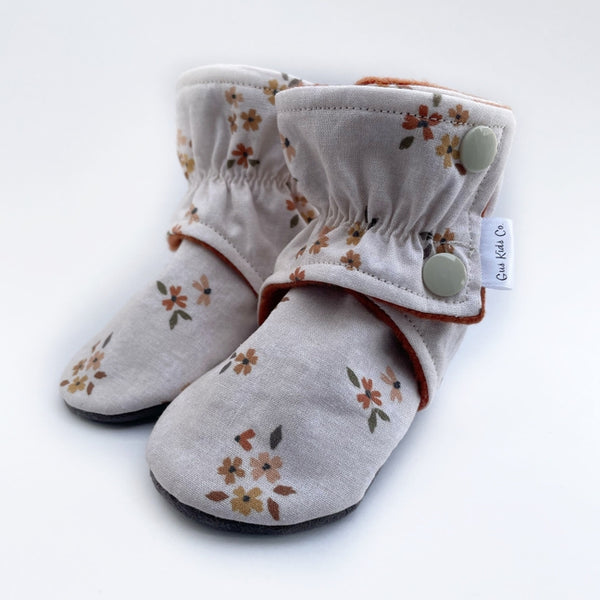 Dainty Floral Baby Boots Tan Rubber