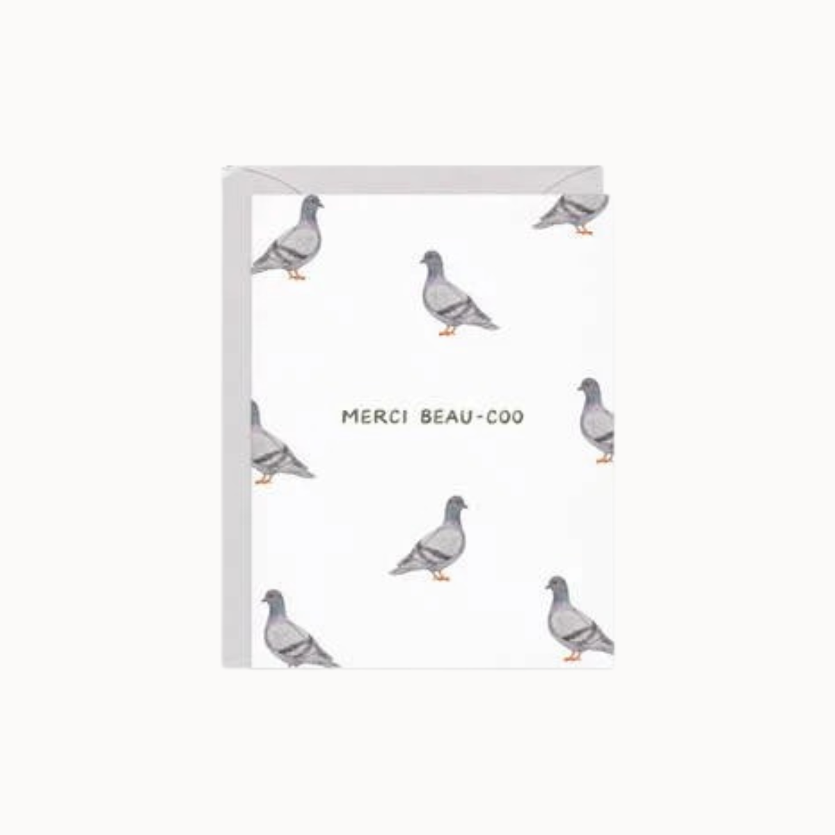 A white greeting card with a matching envelope, featuring a pattern of gray pigeons and the printed text 'MERCI BEAU-COO' in the center.