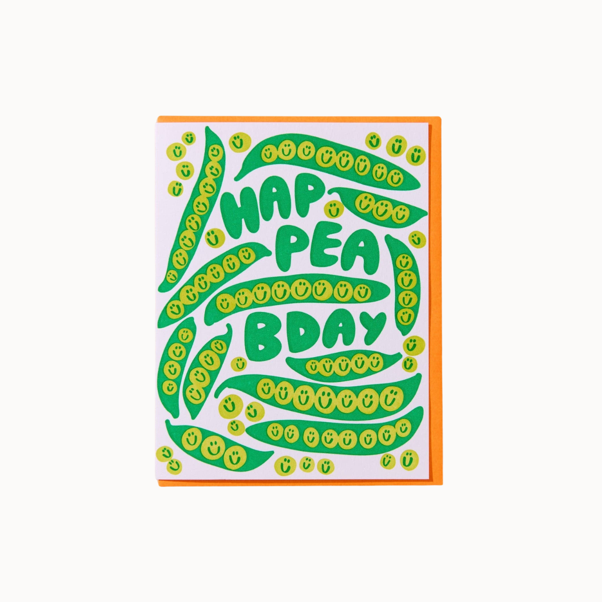 A square greeting card featuring a playful green pea pod illustration with the words 'HAPPY PEA DAY' in bold green lettering on a white background, with an orange border.