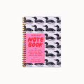 A spiral-bound notebook with a pink front cover and a light lavender cover patterned with black-and-white loon ducks, shown on a plain light background.