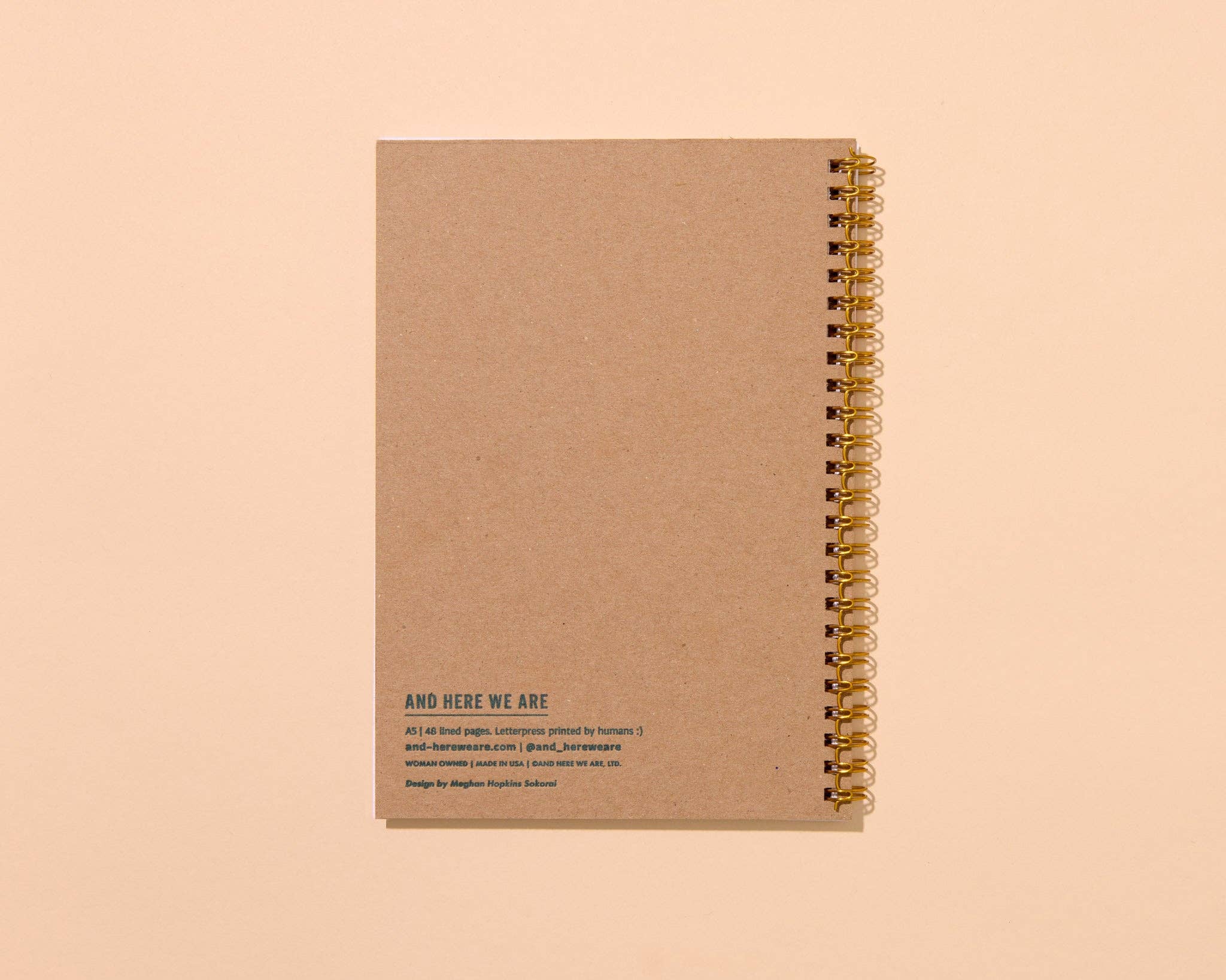 Brown notebook with gold spiral binding on a beige background
