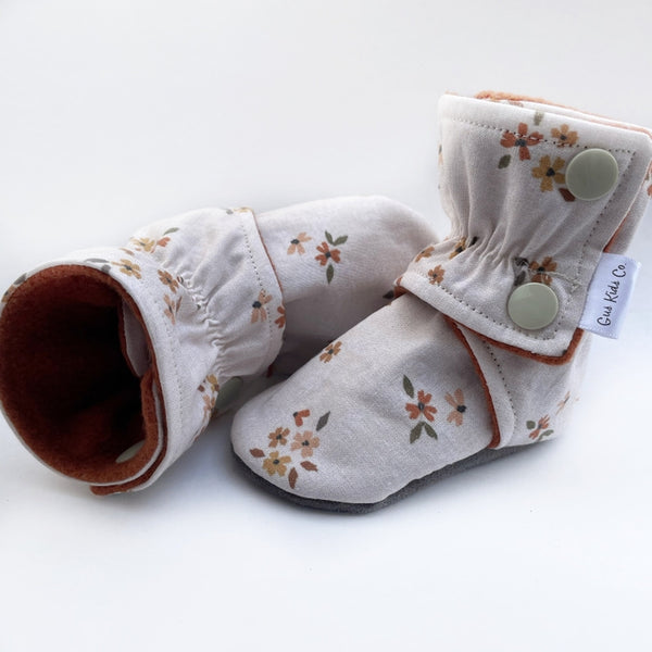 Dainty Floral Baby Boots Tan Rubber