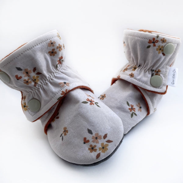 Dainty Floral Baby Boots Tan Rubber