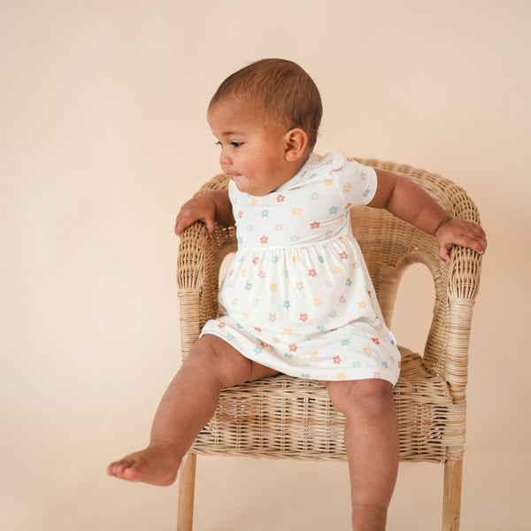 Bug+Bean Kids - Bamboo Short Sleeve Twirl Bodysuit Dress - Sunlit Daisy