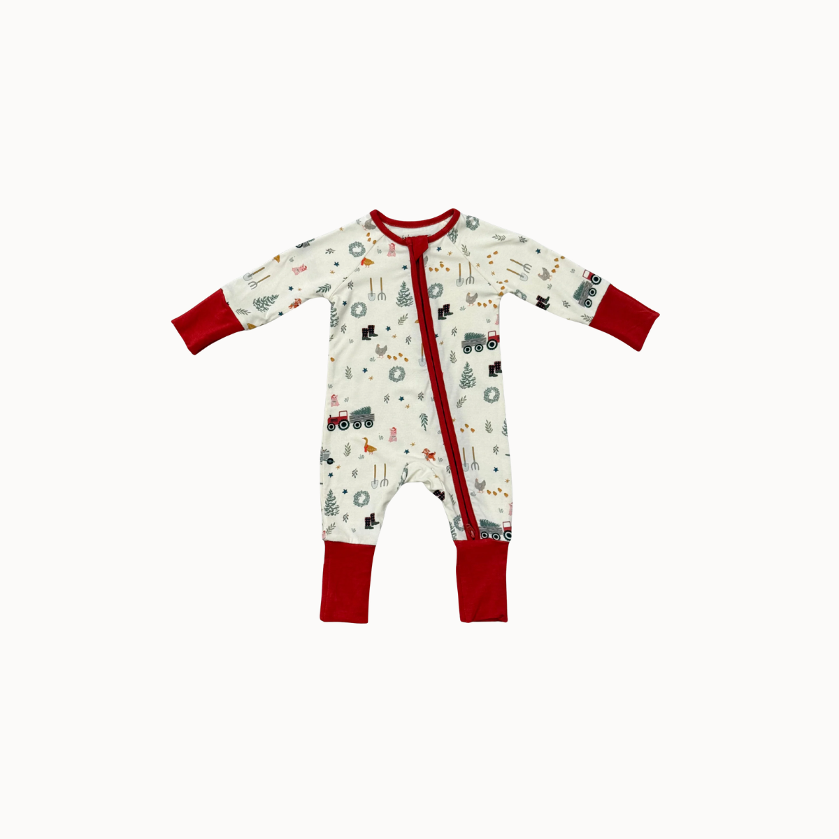 A baby long-sleeve footless one-piece sleeper with a festive Christmas print on an off-white background, featuring red cuffs, red collar trim, and a red front zipper.