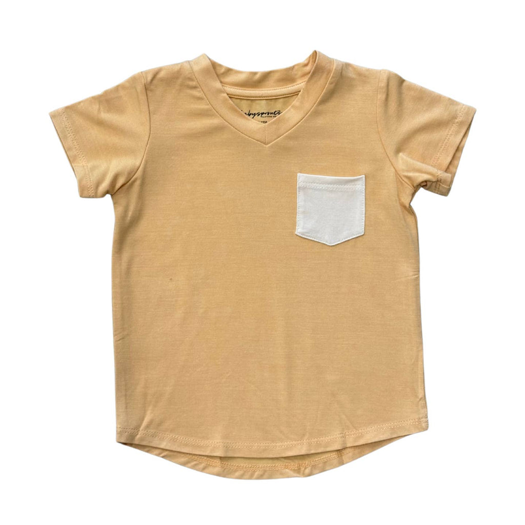 Beige yellow t-shirt with a white pocket on a white background