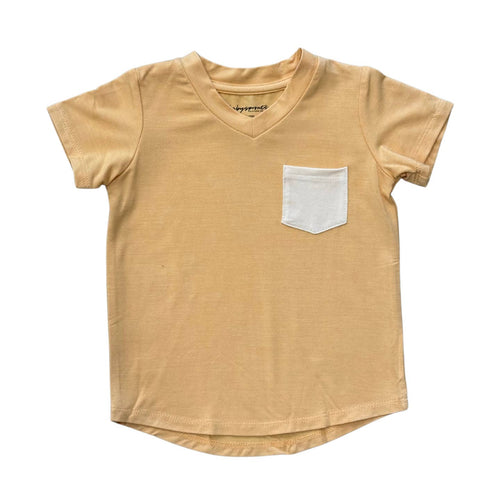 Beige yellow t-shirt with a white pocket on a white background