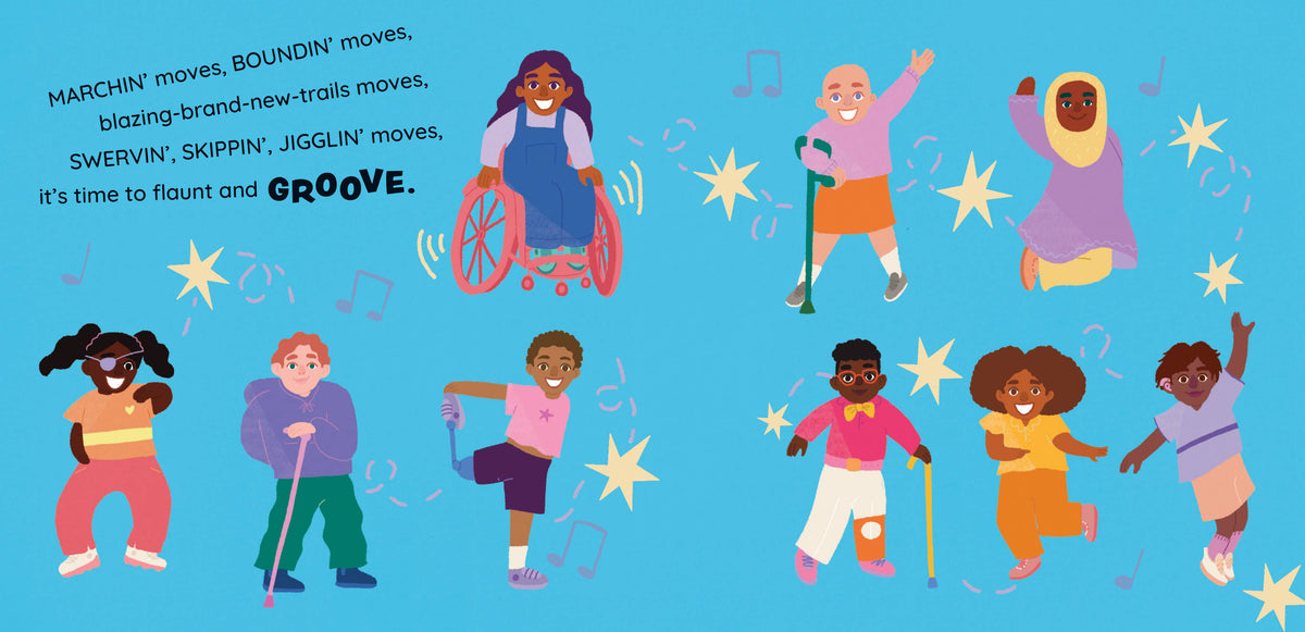 Illustrations of children dancing with text on a blue background