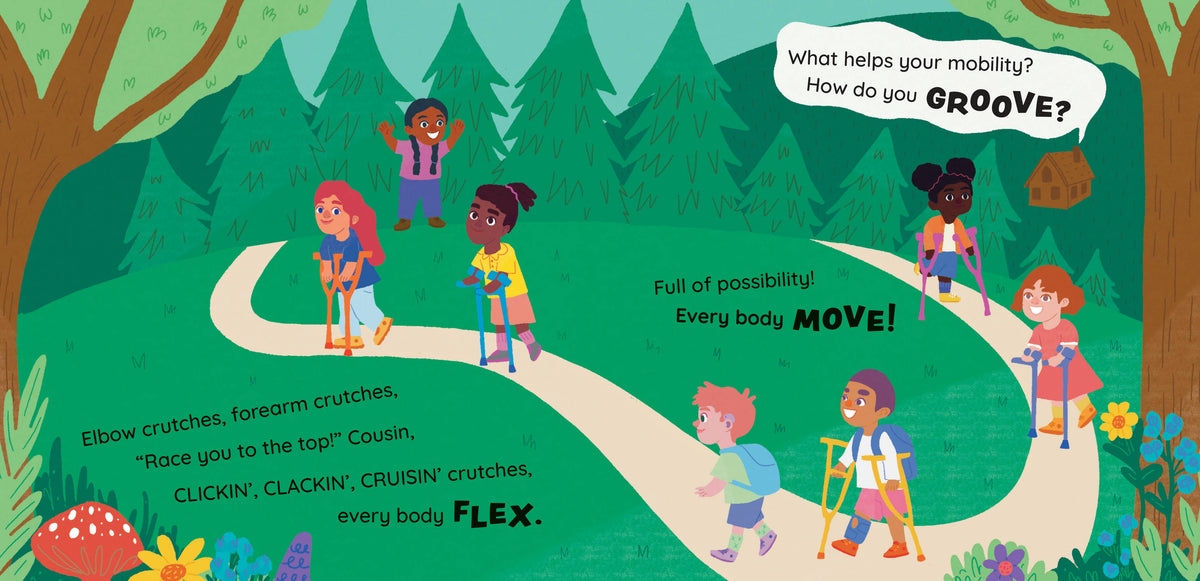 Illustration of children with disabilities playing in a forest, promoting inclusivity and mobility.
