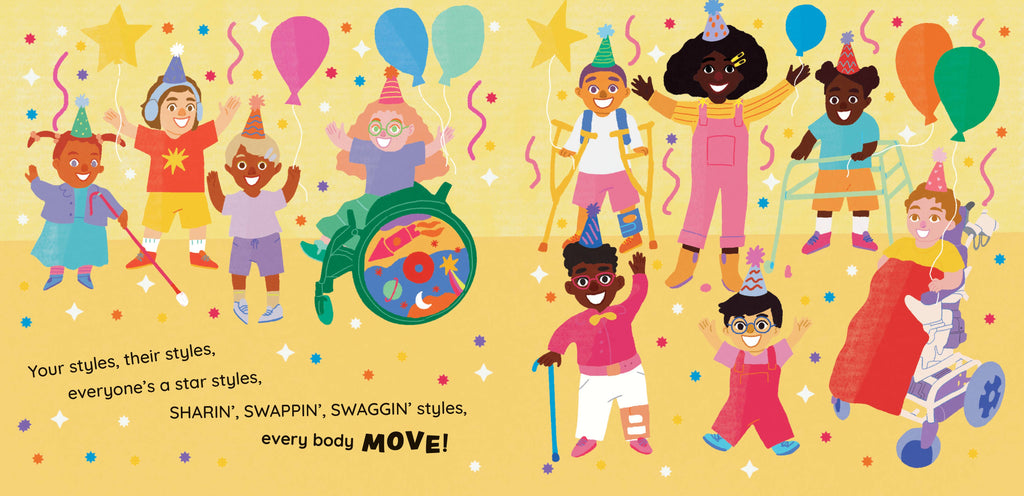 Illustration of children in colorful outfits with party hats and balloons on a yellow background.
