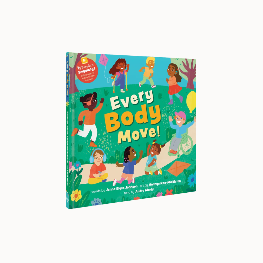 The children's book 'Every Body Move!' by Jennie Euge Johnson, Ammy Roo-McDonald, and Aubrey Morali, shown standing upright at a slight angle on a clean white background.