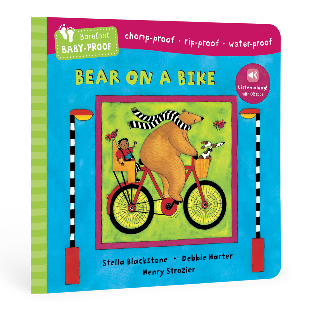 Barefoot Baby-Proof board book titled 'Bear on a Bike' by Stella Blackstone and Debbie Harter, with Henry Strozier. The book features a bright blue cover with a colorful illustration of a bear riding a red bicycle with a child in the basket.