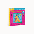 A children's baby-proof board book titled 'Bear in Sunshine' by Stella Blackstone, Debbie Hutter, and Merry Sinclair. The book features a bright pink cover with a yellow striped spine, a blue top banner, and a central illustration of a teddy bear wearing a red hat under a yellow sun.