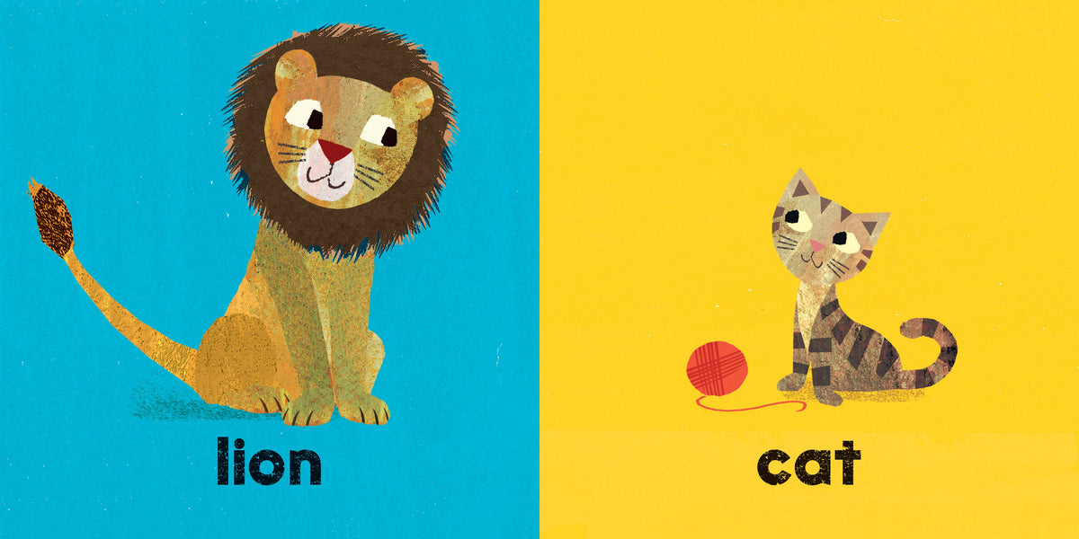 Illustration of a lion on blue and a cat on yellow with labels below.