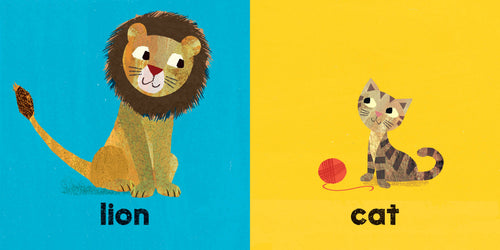 Illustration of a lion on blue and a cat on yellow with labels below.