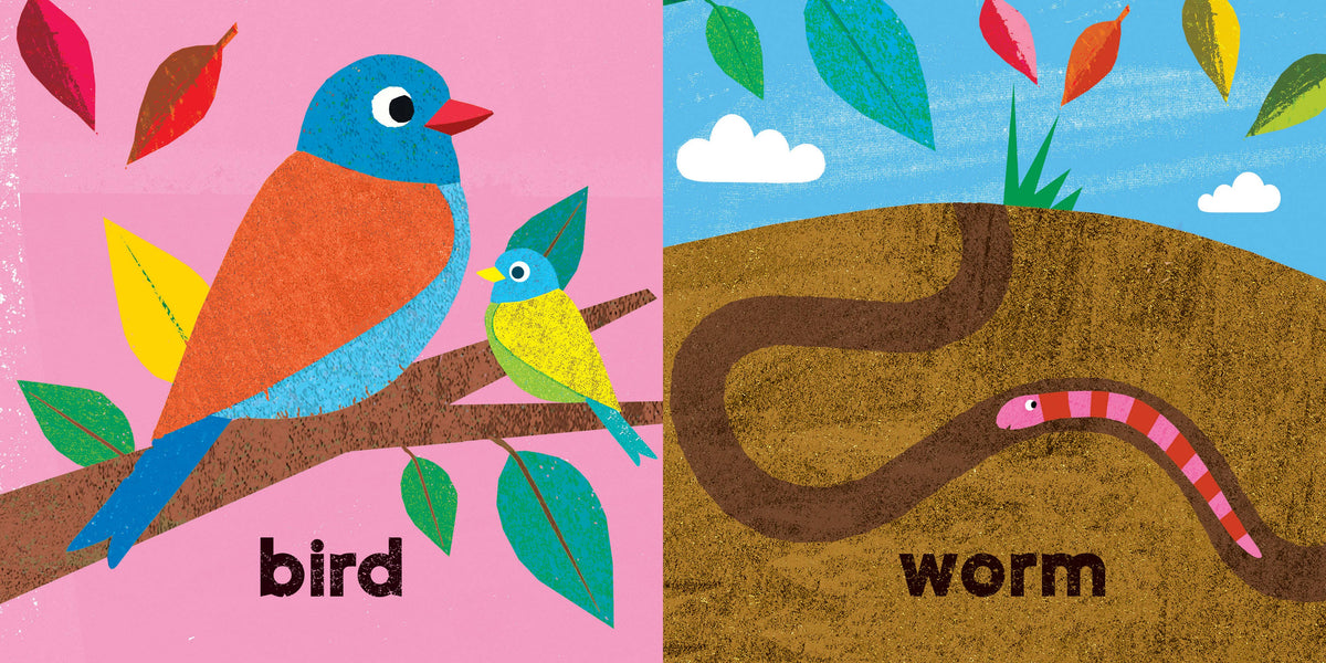 Two book pages showing illustrations of a bird and a worm with labels on a pink and brown background.