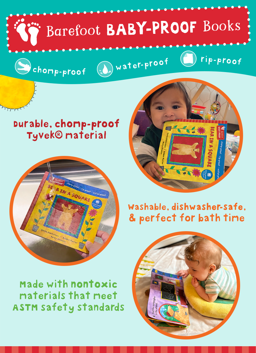 Advertisement for Barefoot Baby-Proof Books with images of children reading books and text highlighting features.