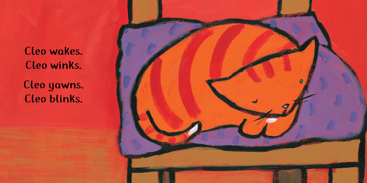 Illustration of a cat waking up on a chair with text about Cleo's actions.