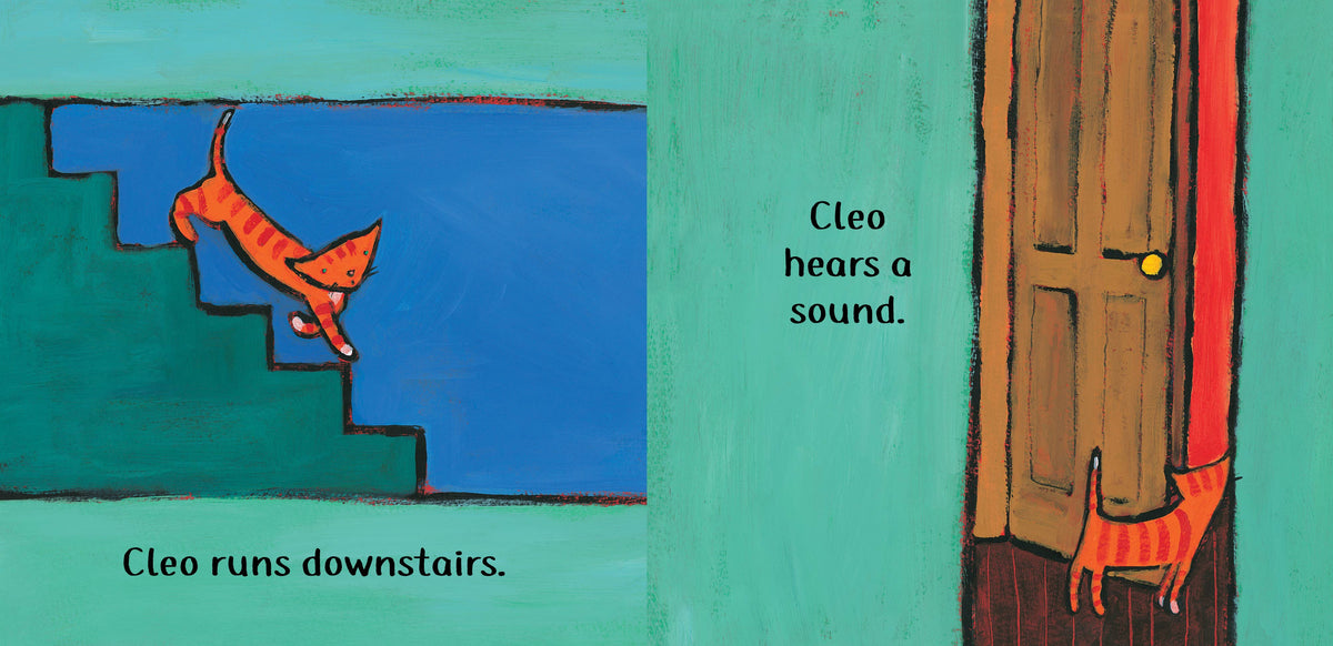 Illustration of a cat running downstairs with text 'Cleo hears a sound.'
