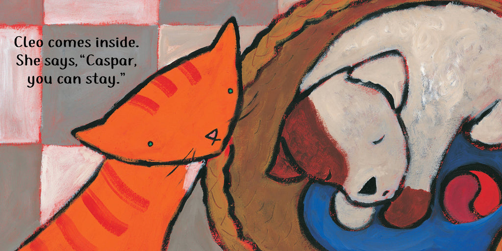 Illustration of an orange cat and a white dog with red paws on a checkered background.