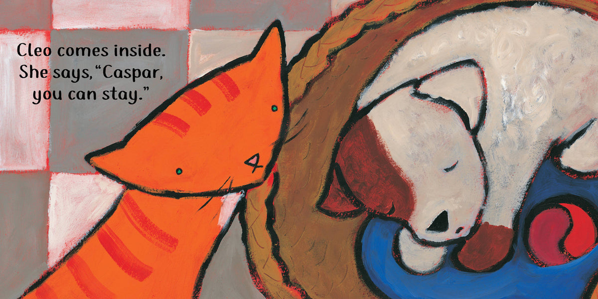 Illustration of an orange cat and a white dog with red paws on a checkered background.