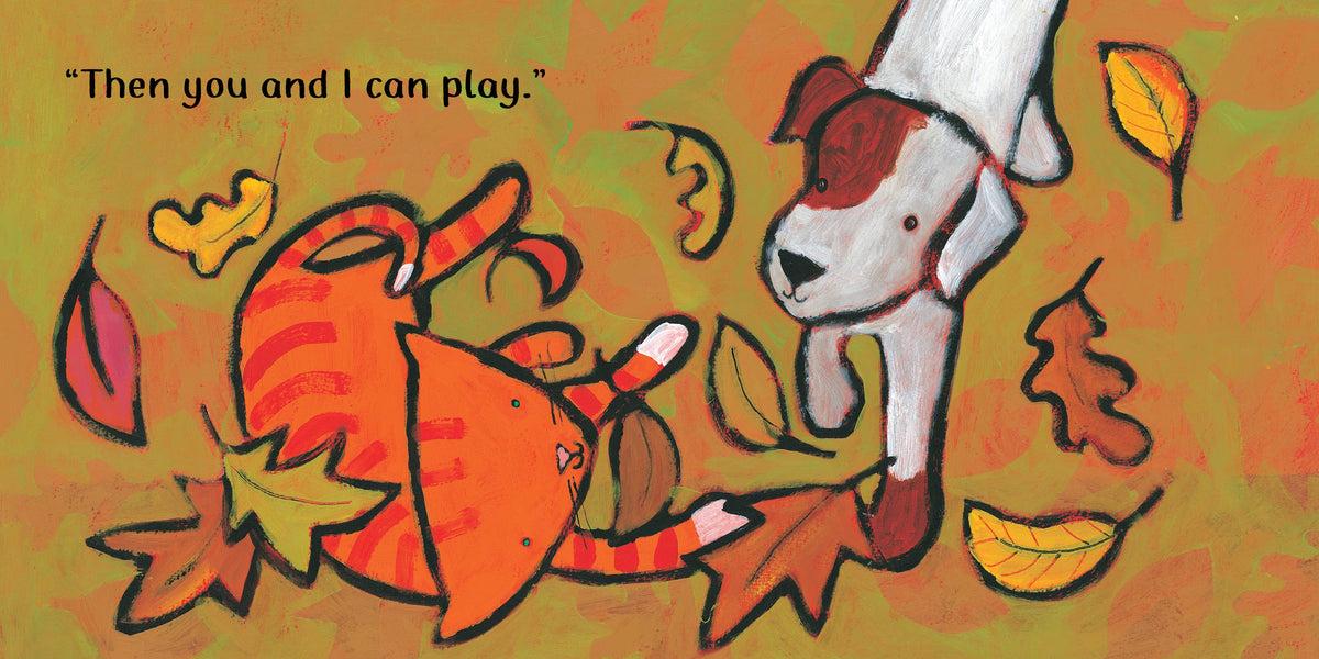 Illustration of a dog and a cat playing together with autumn leaves on a colorful background.