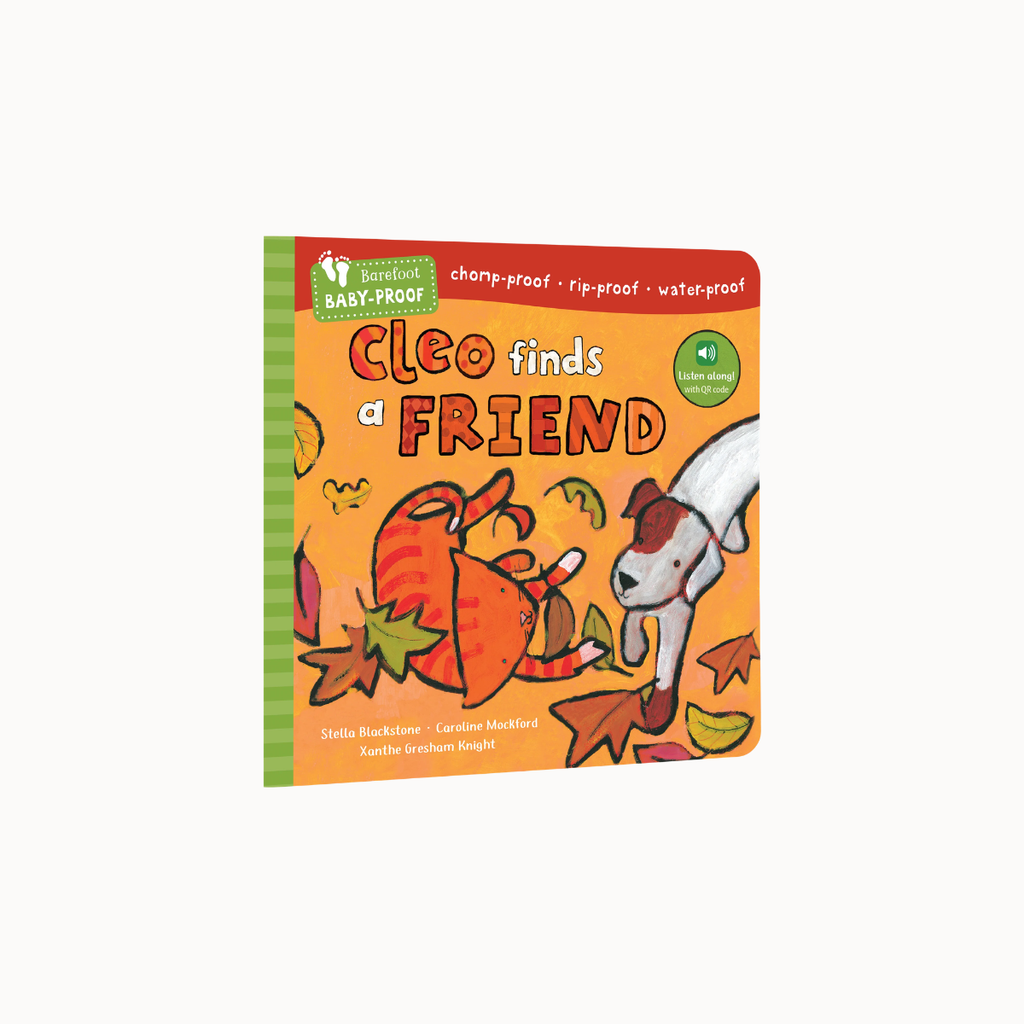 A children's board book titled 'Cleo finds a FRIEND' by Stella Buckalousek, Caroline Mennell, and Kauffman Gregory Wright, featuring a colorful autumn illustration of a dog and pumpkin on an orange cover.