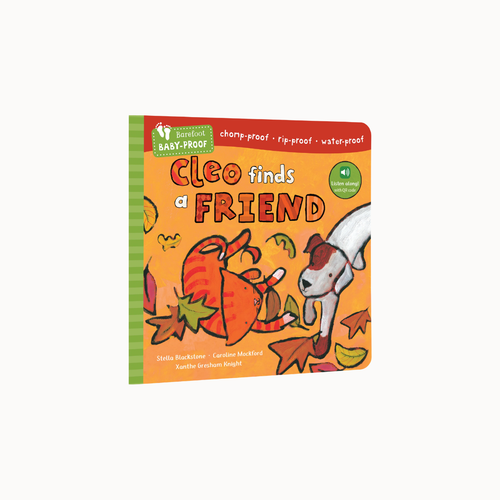 A children's board book titled 'Cleo finds a FRIEND' by Stella Buckalousek, Caroline Mennell, and Kauffman Gregory Wright, featuring a colorful autumn illustration of a dog and pumpkin on an orange cover.
