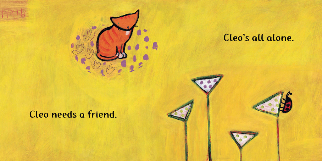 Illustration of a fox sitting on a yellow background with text 'Cleo's all alone.' and 'Cleo needs a friend.'