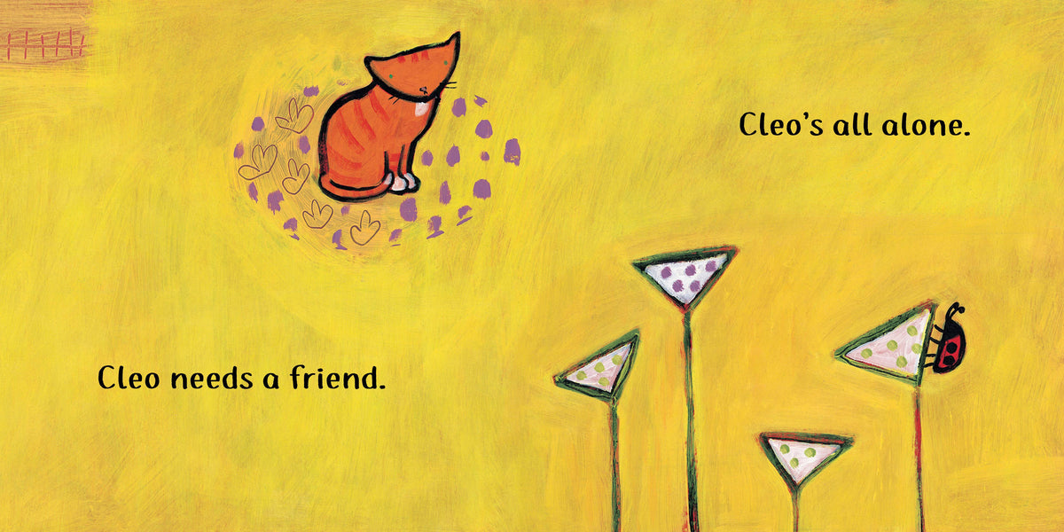 Illustration of a fox sitting on a yellow background with text 'Cleo's all alone.' and 'Cleo needs a friend.'