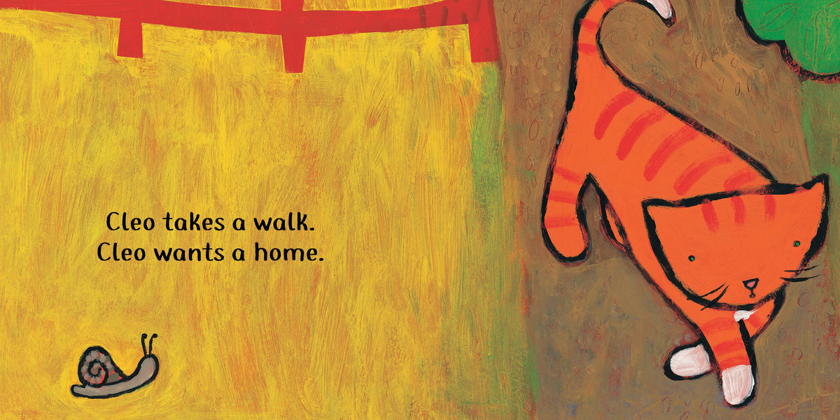 Illustration of a cat and a snail with text 'Cleo takes a walk. Cleo wants a home.' on a colorful background