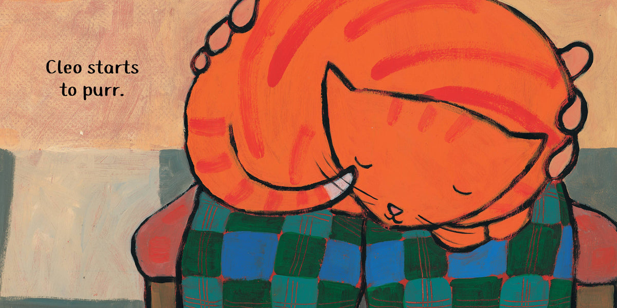 Illustration of a cat named Cleo purring on a couch with a warm color palette.