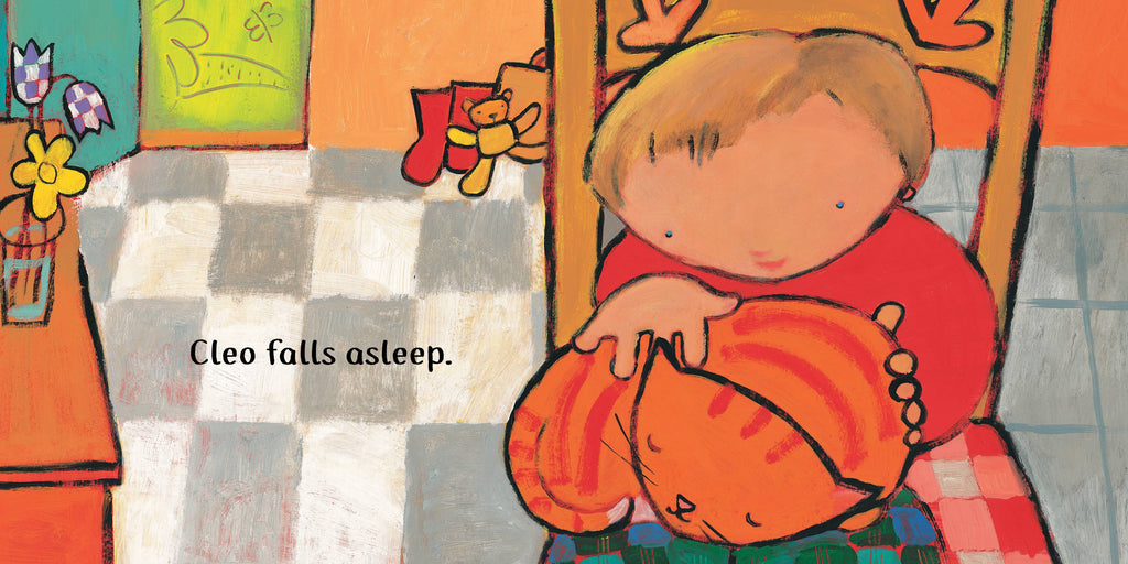 Illustration of a child holding a pumpkin with text 'Cleo falls asleep.' in a colorful room.