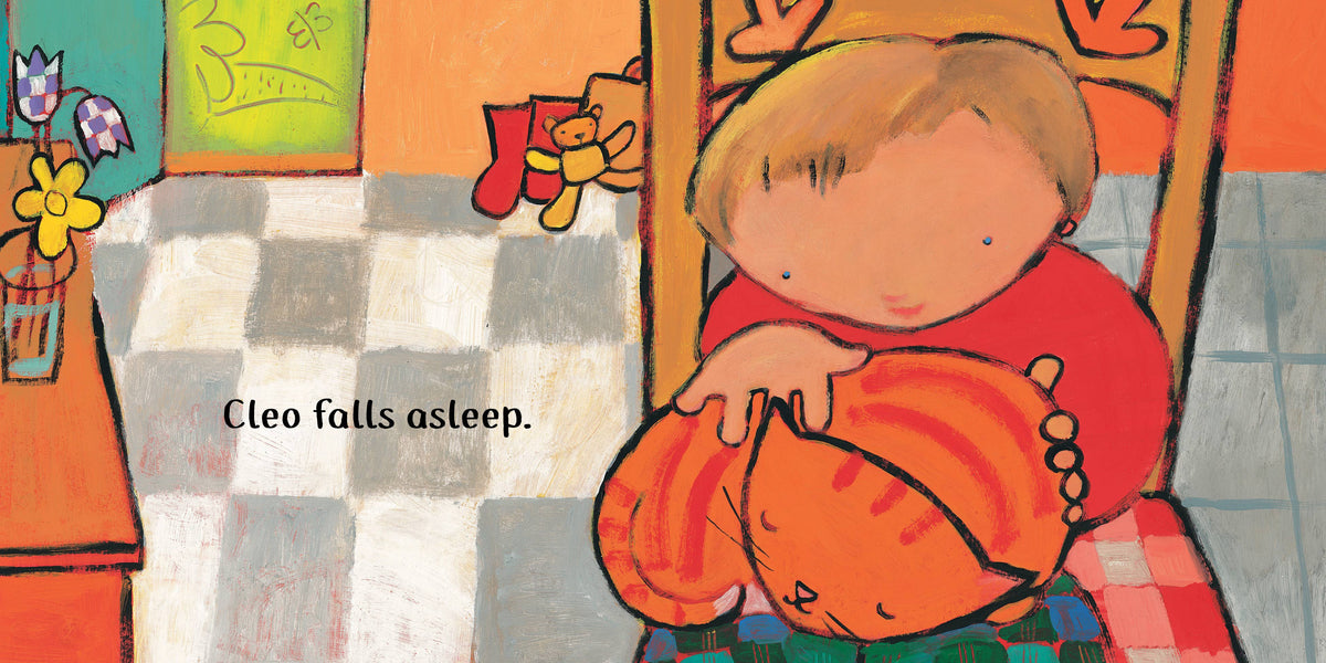 Illustration of a child holding a pumpkin with text 'Cleo falls asleep.' in a colorful room.