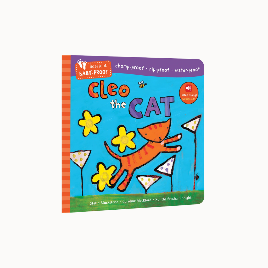 A children's board book titled 'Cleo the Cat' by Stella Blackstone, Caroline MackRivold, and Xanthe Grohmann Knight, featuring a colorful illustration of an orange cat on a bright blue background with yellow stars and a purple header.