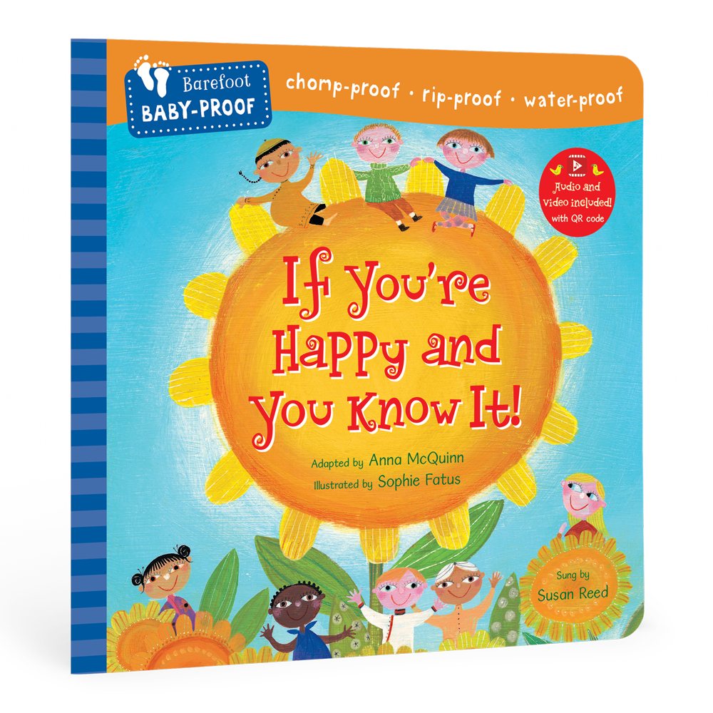 Children's book titled 'If You're Happy and You Know It!' with a colorful cover featuring a sun and children around it.