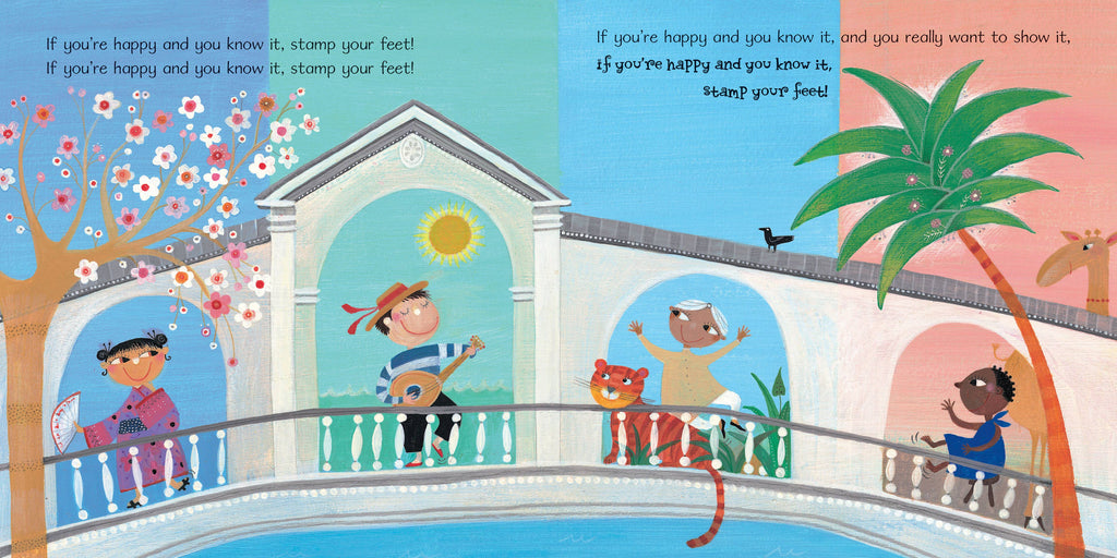Illustrated children's book page with children and animals by a pool.