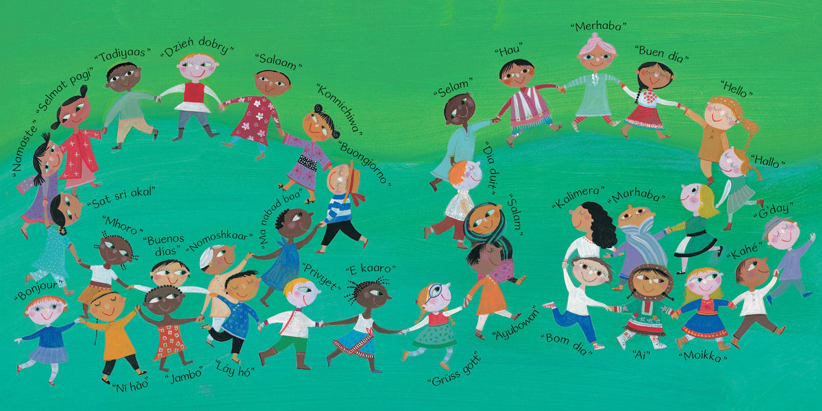 Children holding hands in a circle with labels on a green background