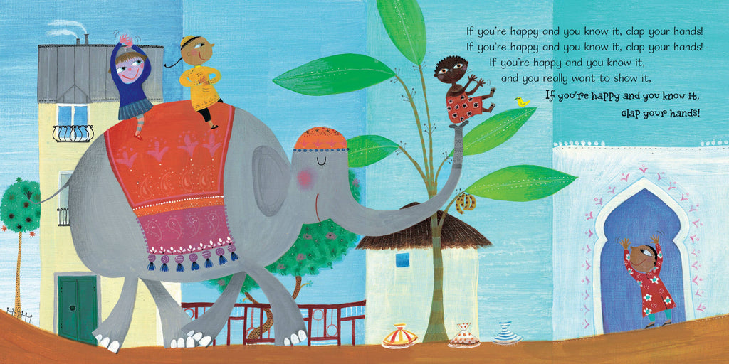 Illustration of children riding an elephant with a colorful background