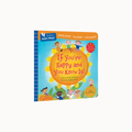 A children's board book titled "If You're Happy and You Know It!" shown on a plain white background. The cover features a bright blue background, a large orange sun illustration, colorful cartoon children, and text noting it is chomp-proof, rip-proof, and water-proof.