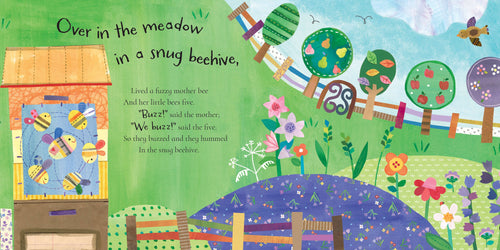 Illustrated children's book page with a beehive, flowers, and a fence.