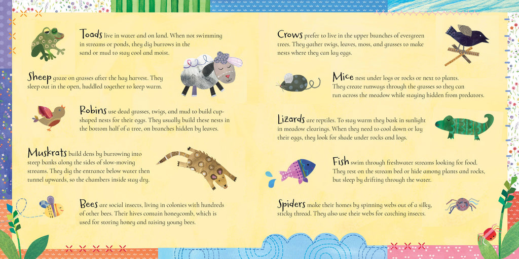 Educational children's book page with illustrations and text about various animals and their habitats.