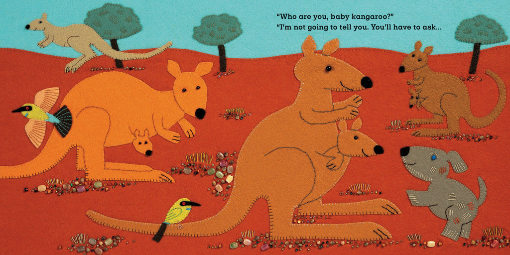 Illustration of kangaroos and a dog in a cartoonish landscape with trees and rocks.
